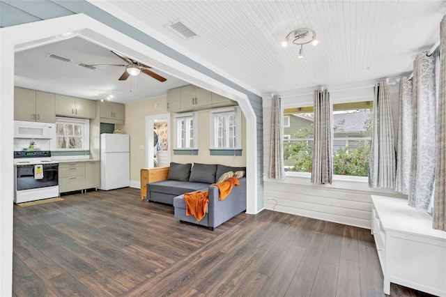 living room featuring dark wood-type flooring, ceiling fan, and wooden ceiling