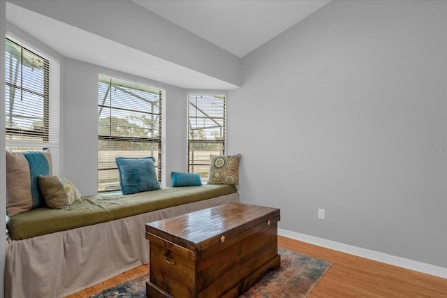 living area featuring vaulted ceiling, plenty of natural light, and wood-type flooring