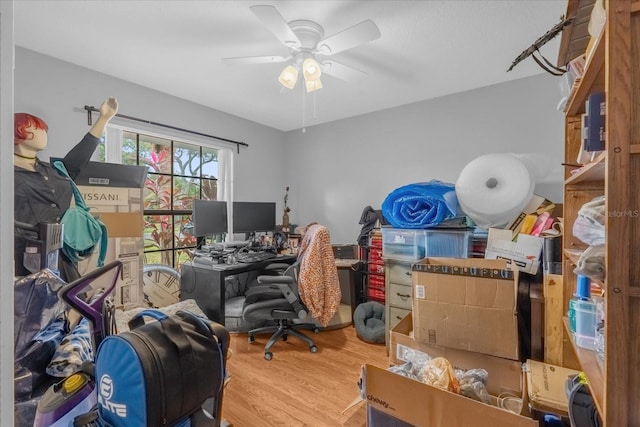 home office with ceiling fan and hardwood / wood-style flooring