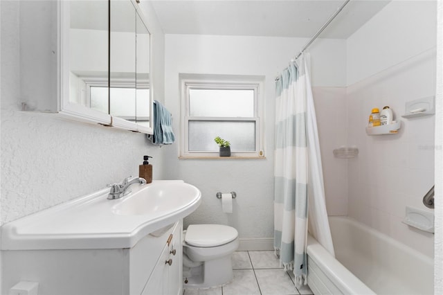 full bathroom with toilet, vanity, shower / bath combo, and tile patterned flooring