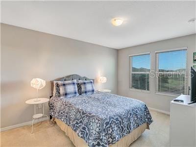 bedroom with light colored carpet