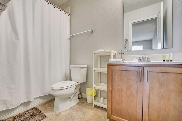 full bathroom featuring shower / bath combo, tile patterned flooring, vanity, and toilet