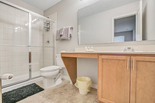 bathroom with toilet, tile patterned floors, walk in shower, and vanity