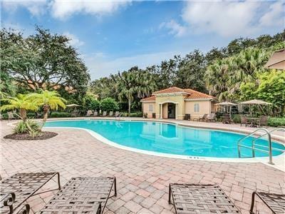 view of swimming pool with a patio