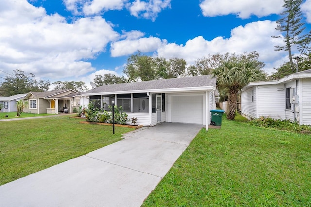 ranch-style house with a garage, a front lawn, and a sunroom