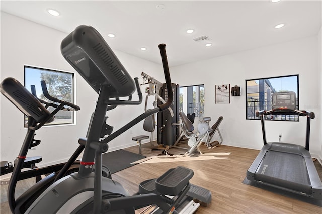 exercise area featuring light wood-type flooring