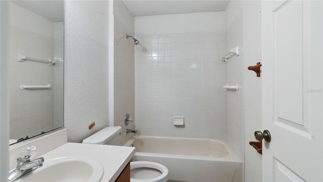 full bathroom featuring shower / bath combination, toilet, and vanity