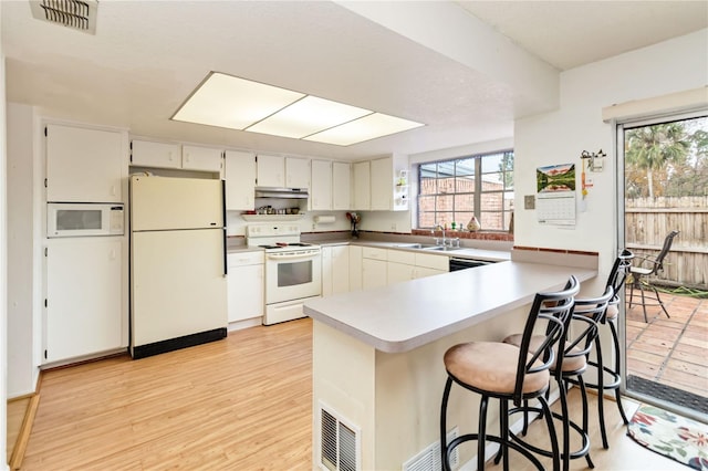 kitchen with plenty of natural light, sink, kitchen peninsula, and white appliances