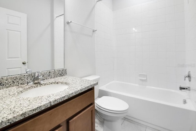 full bathroom with toilet, tile patterned floors, tub / shower combination, and vanity