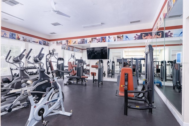 exercise room featuring ceiling fan