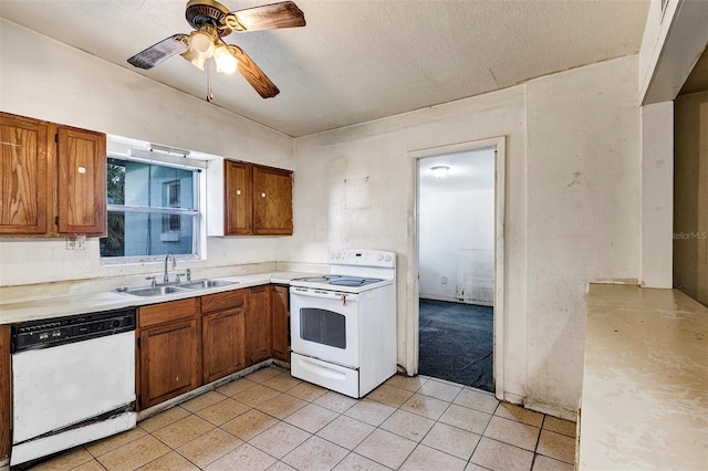 kitchen featuring ceiling fan, sink, and white appliances