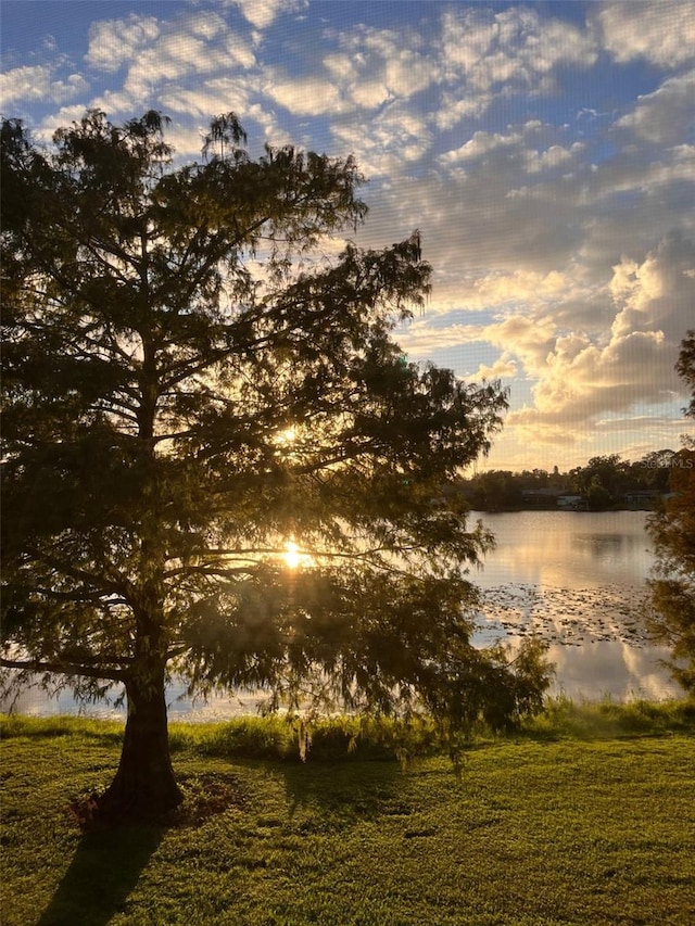 nature at dusk featuring a water view