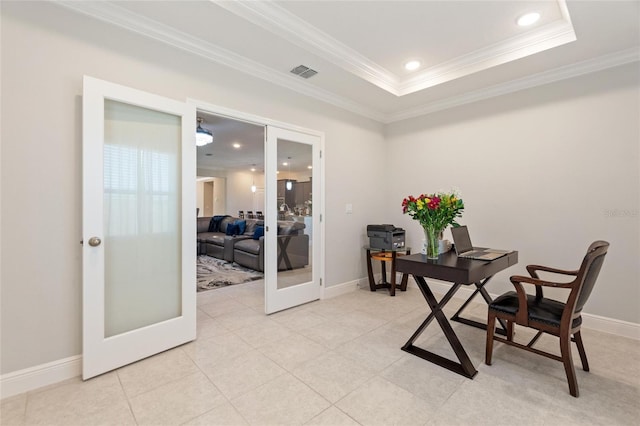 office area featuring ornamental molding, french doors, and visible vents