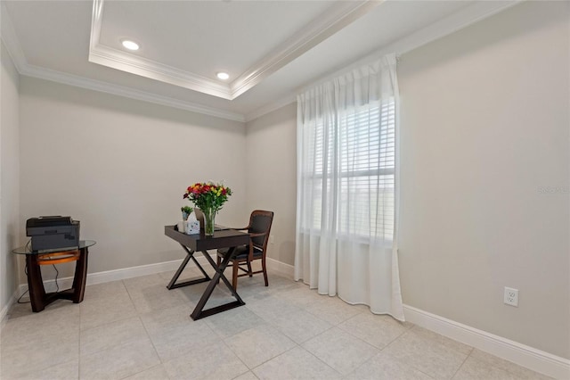 office area featuring a tray ceiling, crown molding, baseboards, and recessed lighting