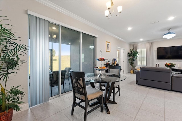 dining space featuring light tile patterned floors, ornamental molding, a notable chandelier, and recessed lighting