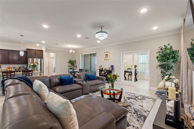 living area with light tile patterned floors, recessed lighting, baseboards, an inviting chandelier, and crown molding