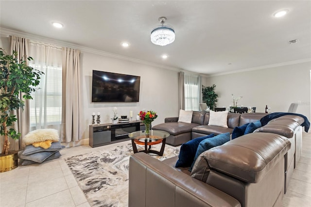 living room with ornamental molding, recessed lighting, visible vents, and light tile patterned floors