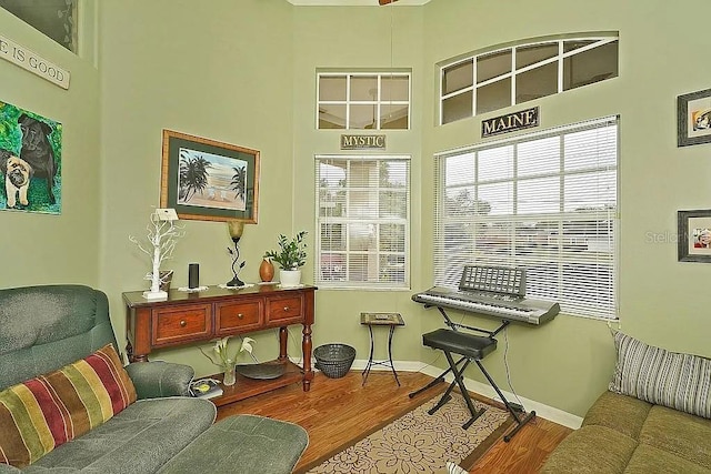 living area with baseboards, a high ceiling, and wood finished floors