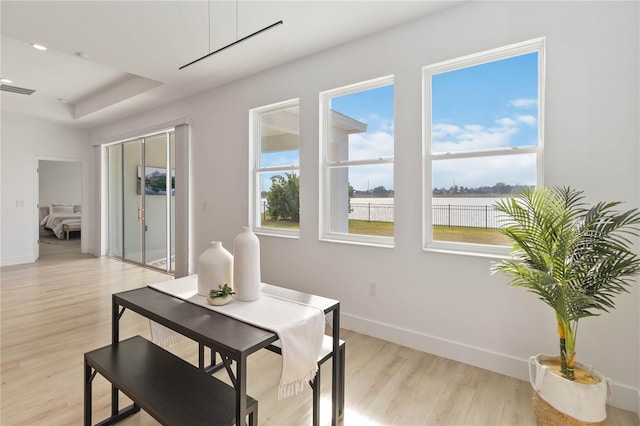 dining space with light wood-type flooring, a raised ceiling, a water view, and plenty of natural light