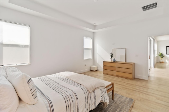 bedroom with a raised ceiling and hardwood / wood-style flooring