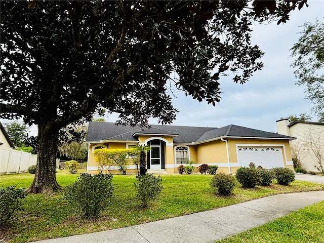 ranch-style house with a garage and a front lawn