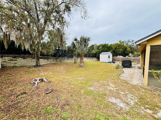 view of yard with a shed