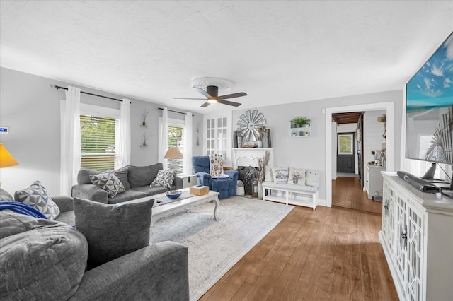 living room with wood-type flooring and a ceiling fan