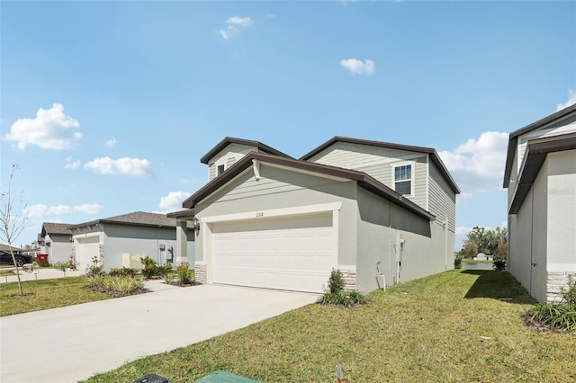 view of home's exterior with concrete driveway, a lawn, an attached garage, and stucco siding