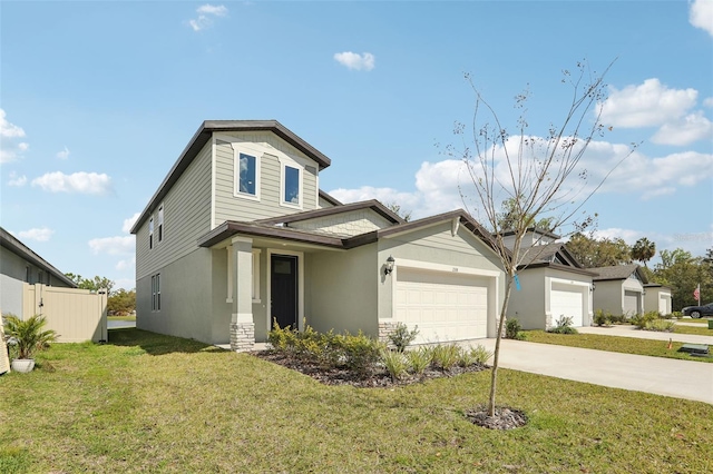 traditional-style home with stucco siding, an attached garage, a front yard, fence, and driveway