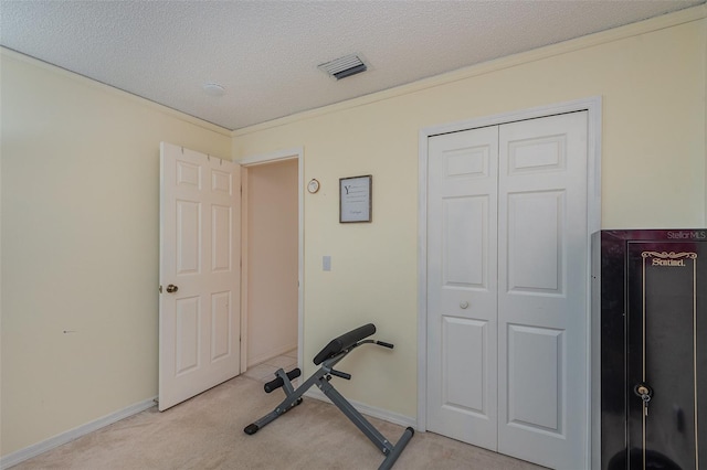 exercise area with light carpet, ornamental molding, and a textured ceiling