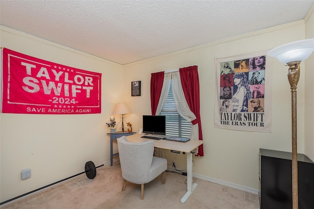 carpeted office with a textured ceiling