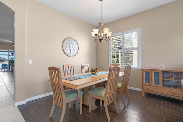 dining room with a notable chandelier and dark hardwood / wood-style flooring