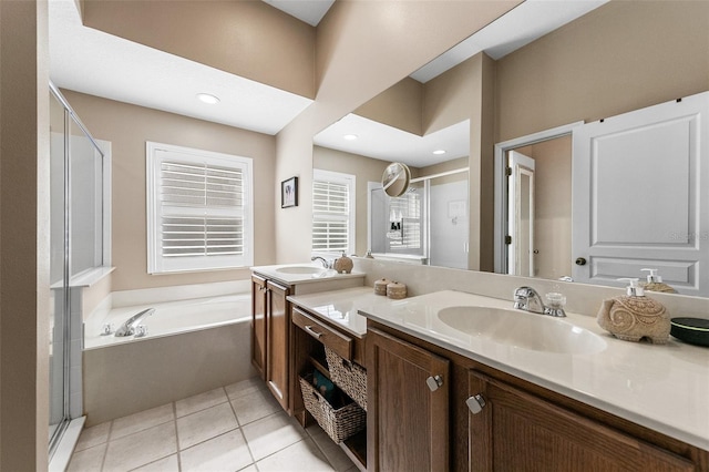 bathroom with vanity, separate shower and tub, and tile patterned floors