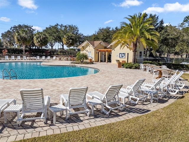 view of swimming pool with a patio