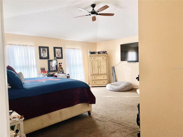 carpeted bedroom with ceiling fan, multiple windows, and a textured ceiling