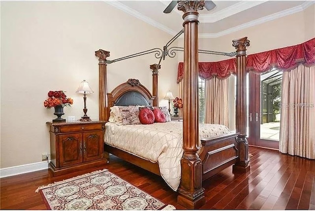 bedroom with ceiling fan, access to exterior, dark wood-type flooring, and ornamental molding