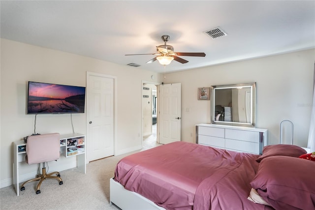 carpeted bedroom featuring ceiling fan