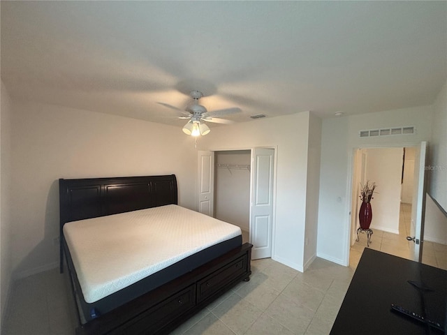 bedroom with ceiling fan and a closet