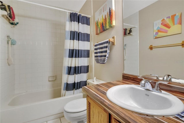 full bathroom featuring toilet, shower / tub combo, tile patterned floors, and vanity