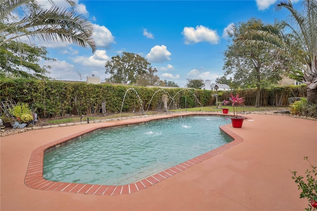 view of pool with a patio area and pool water feature