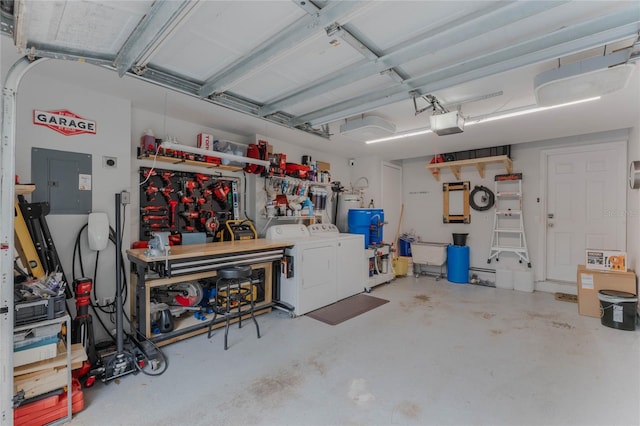 garage with electric panel, water heater, a workshop area, separate washer and dryer, and a garage door opener