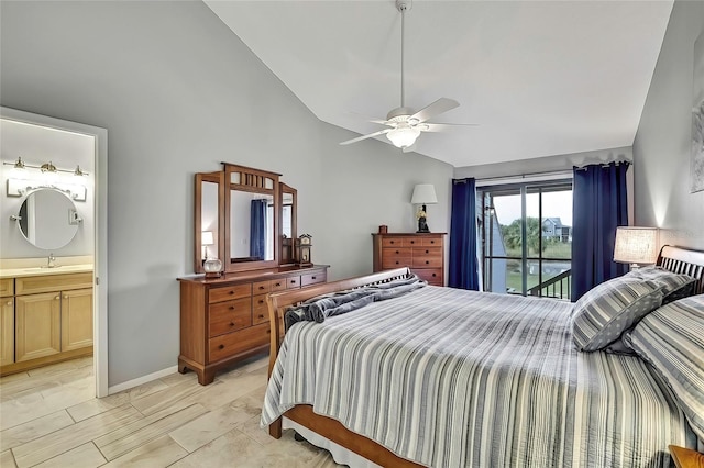 bedroom featuring ensuite bathroom, ceiling fan, vaulted ceiling, access to outside, and sink