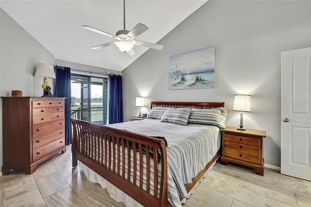 bedroom featuring ceiling fan, access to outside, and lofted ceiling