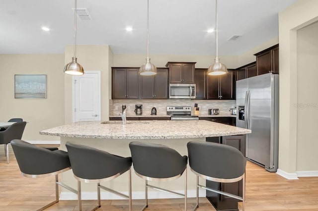 kitchen with sink, appliances with stainless steel finishes, backsplash, a center island with sink, and decorative light fixtures