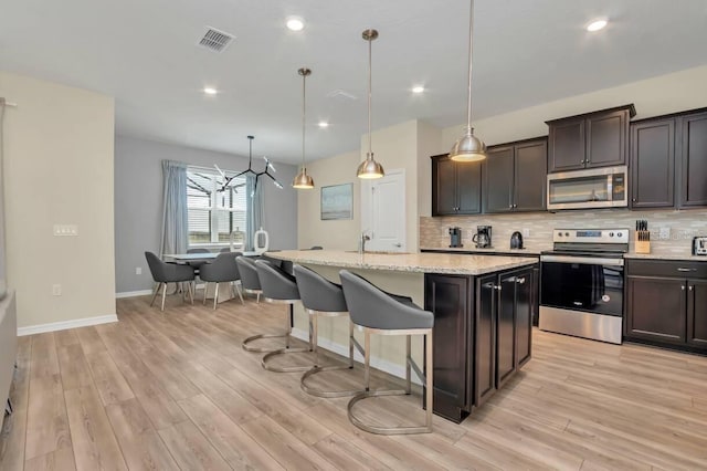 kitchen featuring appliances with stainless steel finishes, a kitchen breakfast bar, dark brown cabinetry, a center island with sink, and decorative light fixtures