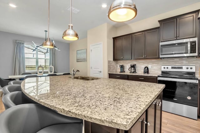 kitchen featuring decorative backsplash, appliances with stainless steel finishes, an island with sink, and dark brown cabinets