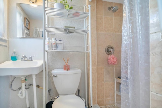 bathroom with toilet and a shower with shower curtain