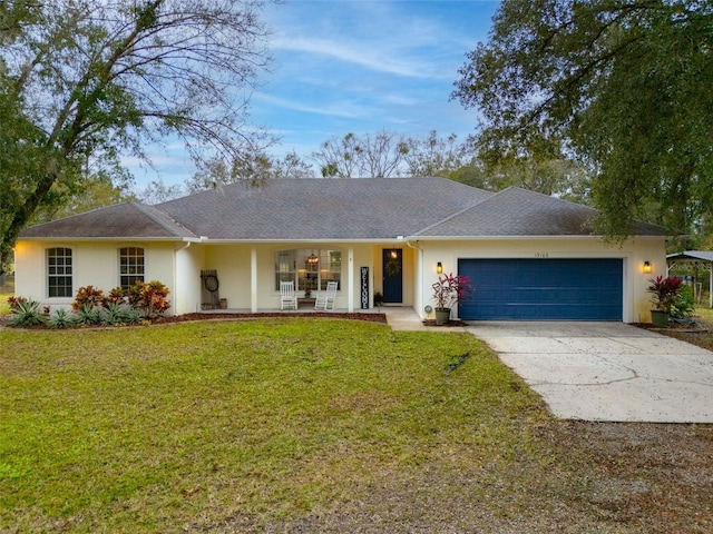 ranch-style home with a garage, a porch, and a front lawn