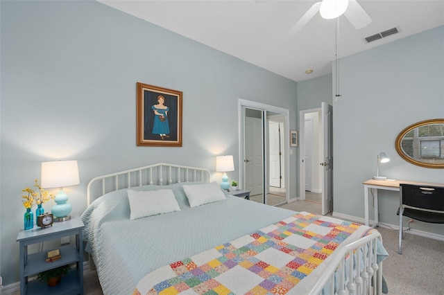 carpeted bedroom with ceiling fan