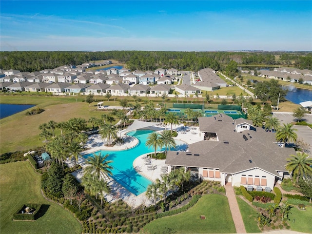 drone / aerial view featuring a water view